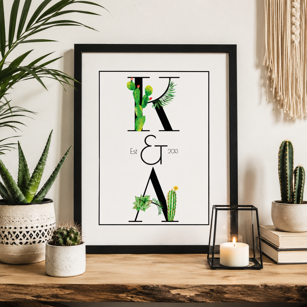 Personalised couples watercolour cactus print with initials 'K & A Est 2013' in a black frame