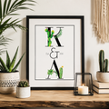 Personalised couples watercolour cactus print with initials 'K & A Est 2013' in a black frame