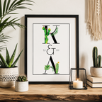 Personalised couples watercolour cactus print with initials 'K & A Est 2013' in a black frame