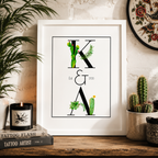 Couples cactus name print with watercolour letters and a date