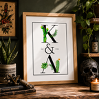 Personalised watercolour cactus initials print for couples in a frame