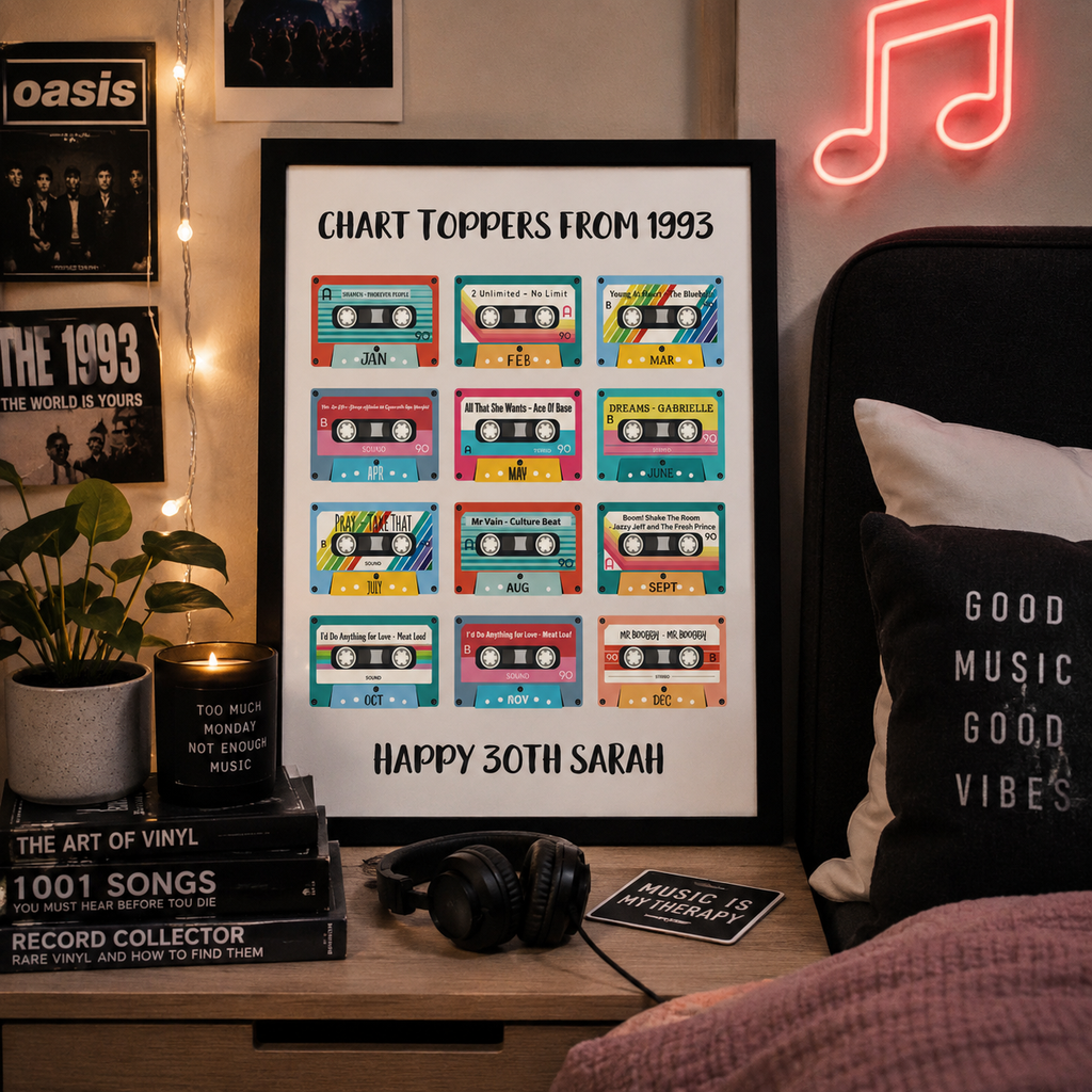 Personalised 30th birthday print with chart cassette design and a name