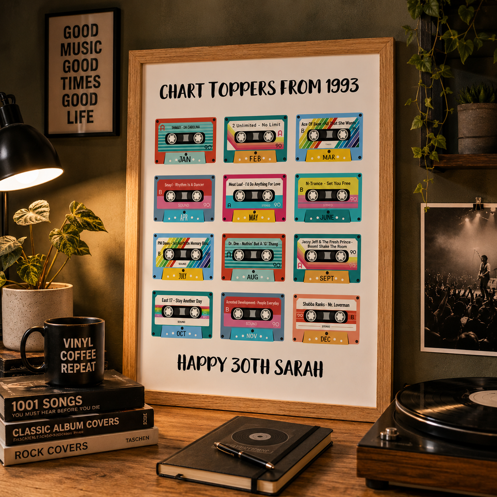 Personalised 30th birthday music print with retro cassette tapes, framed