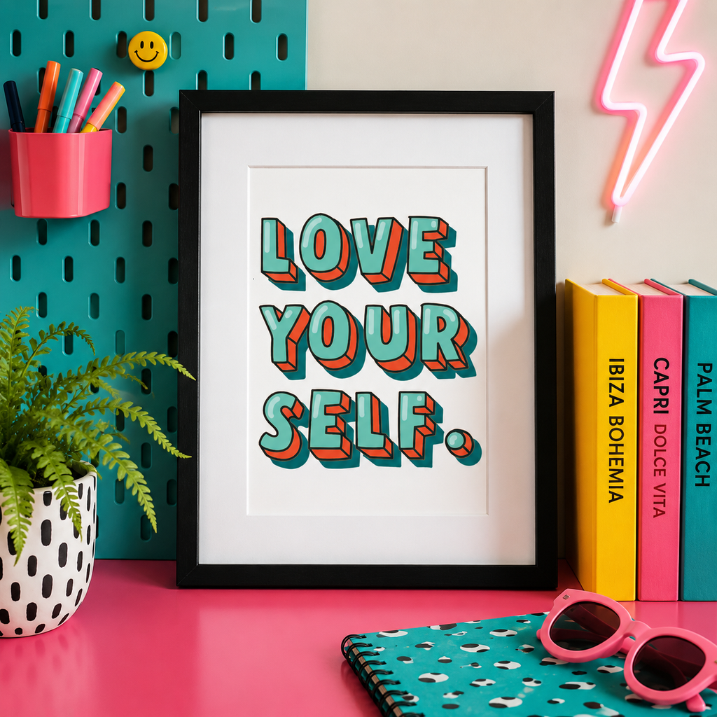 Framed 'Love Yourself' motivational print in retro teal and red lettering on a bright pink desk