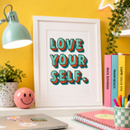 Bold 'Love Yourself' typography print, a colourful motivational wall print