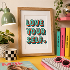 Retro 'Love Yourself' motivational print with chunky teal and red type