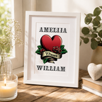 Personalised tattoo style print with a heart and roses and a couple's names