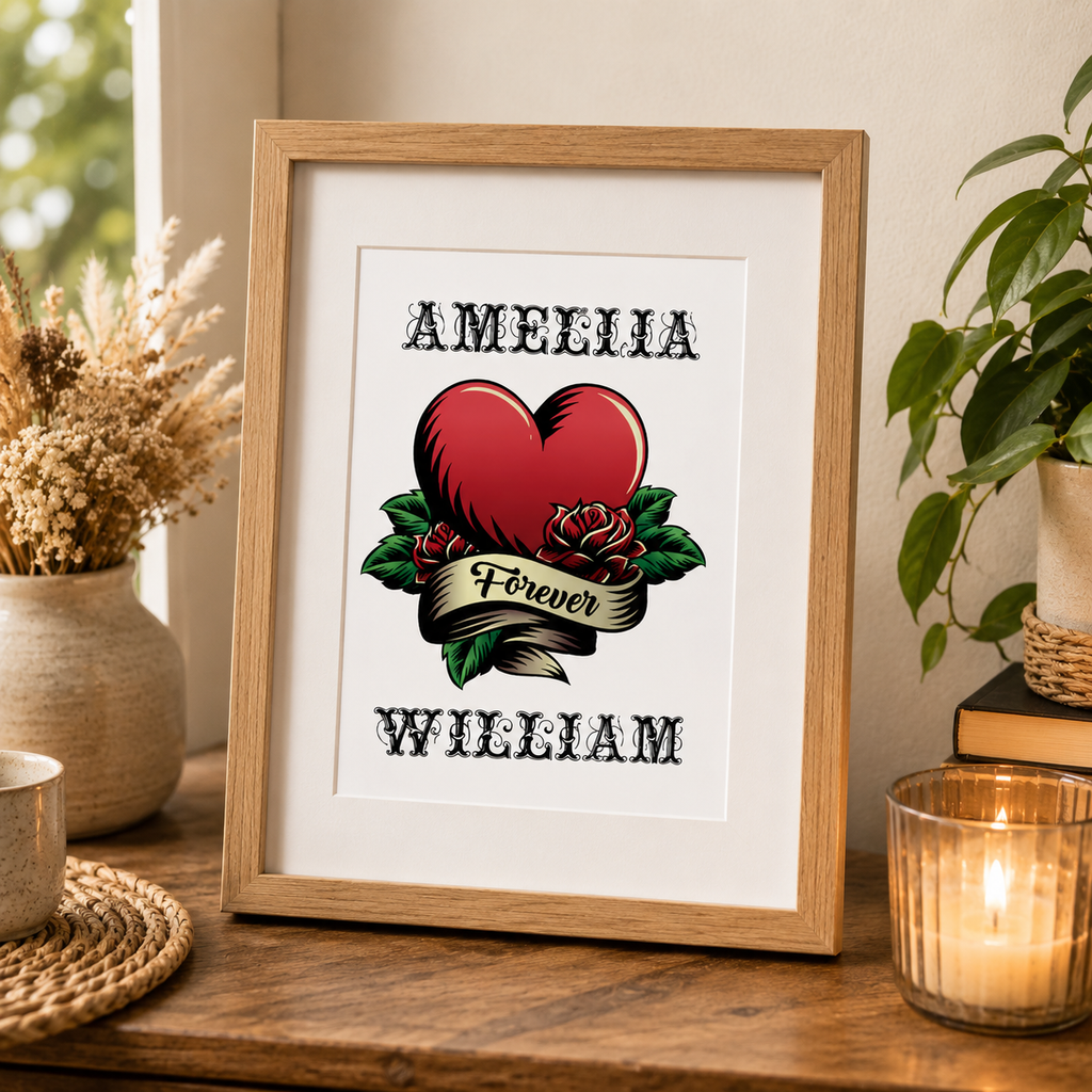 Tattoo style couples print personalised with two names and a rose banner design