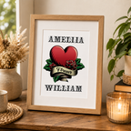 Tattoo style couples print personalised with two names and a rose banner design