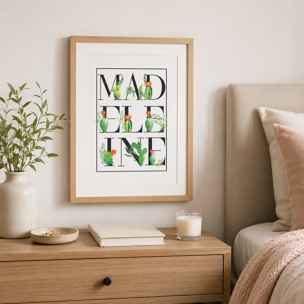 Watercolour succulent cactus name print, a personalised wall print