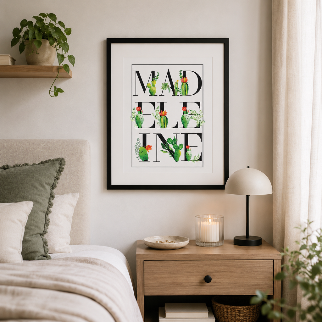 Personalised succulent cactus name print with watercolour letters