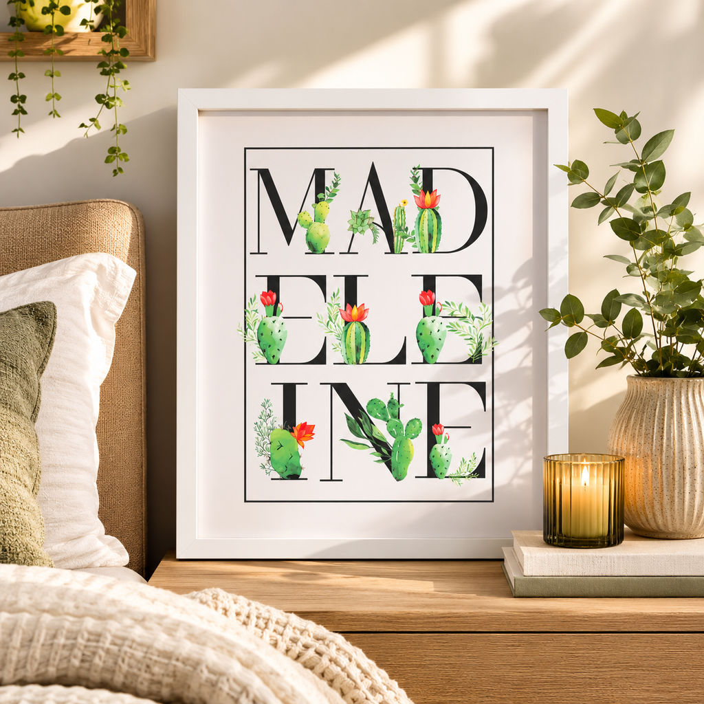 Personalised succulent cactus name print spelling 'Madeleine' in a white frame
