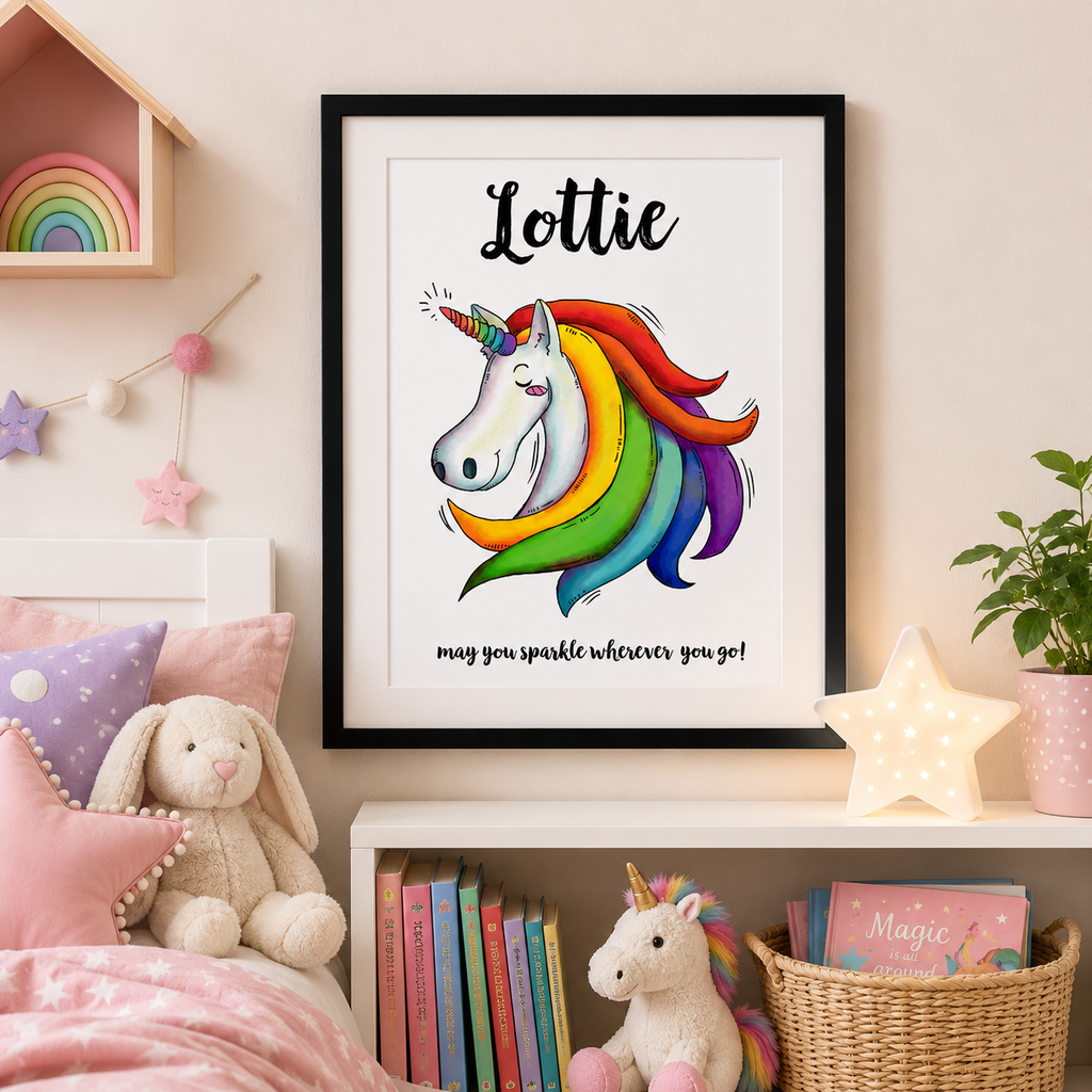 Personalised sparkle unicorn print with a rainbow mane and a child's name