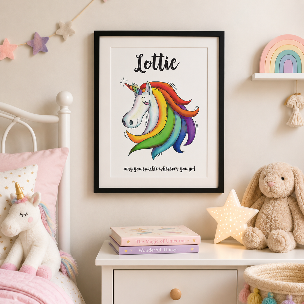 Personalised sparkle unicorn print with a colourful mane for a child's room