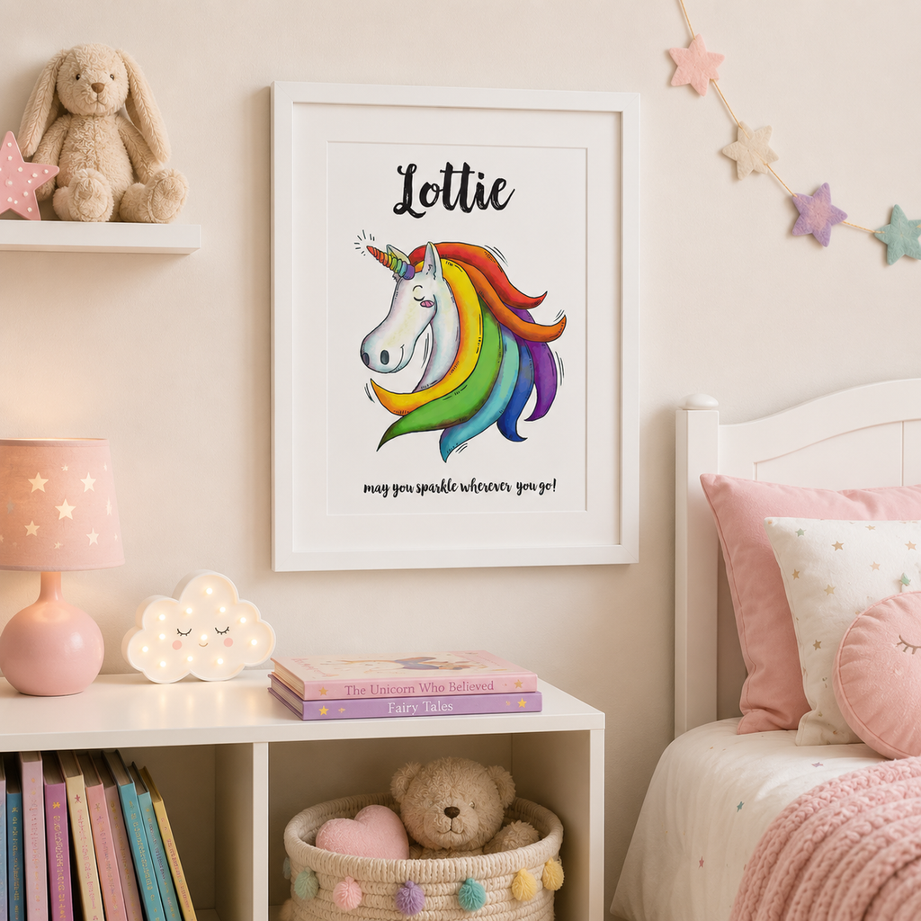Rainbow unicorn nursery print personalised with a name and sparkle wording