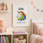 Rainbow unicorn nursery print personalised with a name and sparkle wording