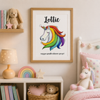 Personalised unicorn nursery print with a rainbow mane, a child's name and a sparkle message, framed