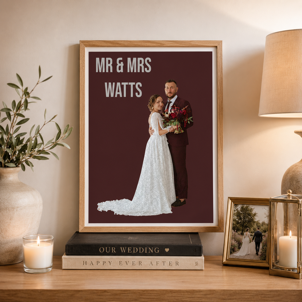 Personalised first anniversary print turning a wedding photo into stylised cartoon artwork