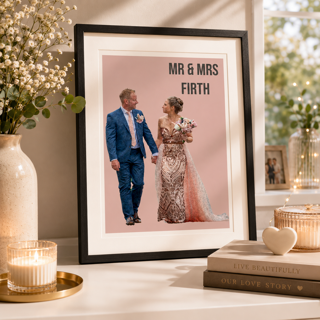 Personalised paper first anniversary print of a couple with 'Mr & Mrs Firth', framed on a shelf