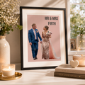 Personalised paper first anniversary print of a couple with 'Mr & Mrs Firth', framed on a shelf
