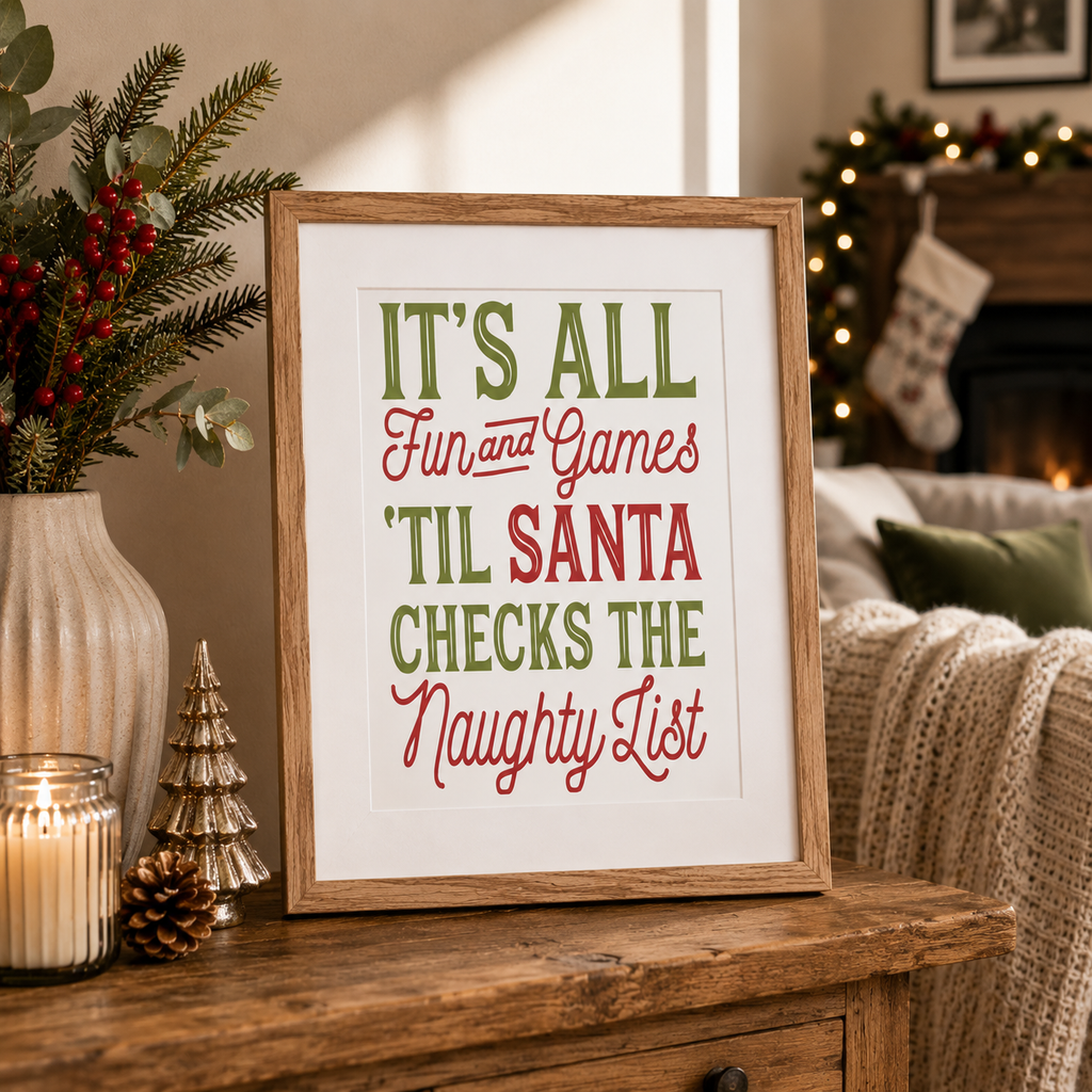 Personalised festive naughty list print, framed for the mantelpiece