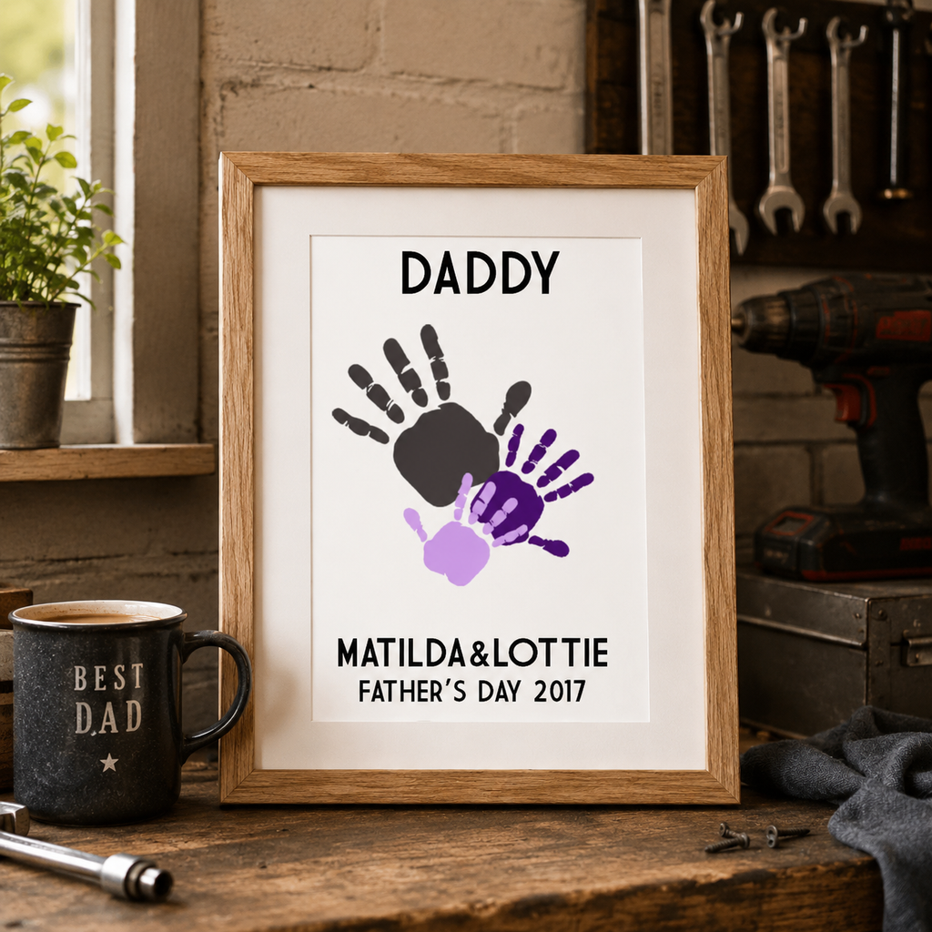 Personalised Father's Day handprint print with 'Daddy', children's names and date, framed in oak