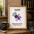 Personalised Father's Day handprint print with 'Daddy', children's names and date, framed in oak