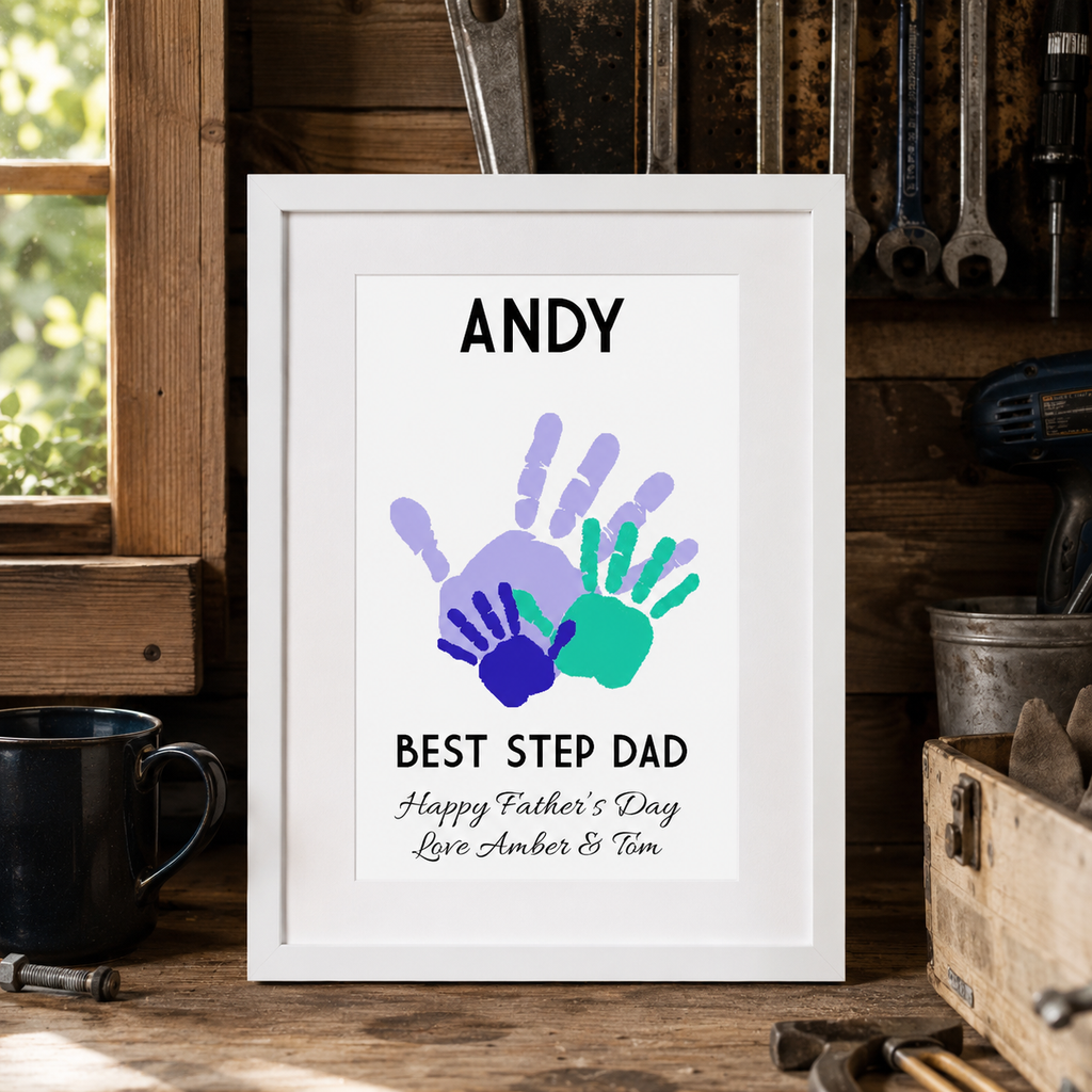Personalised Father's Day handprint print with names in an oak frame