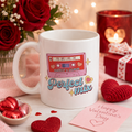 White personalised mug with a retro cassette reading 'Perfect mix' and two names, in a romantic setting