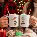 Christmas mug set with 'Naughty' elf and 'Nice' penguin designs in a festive setting