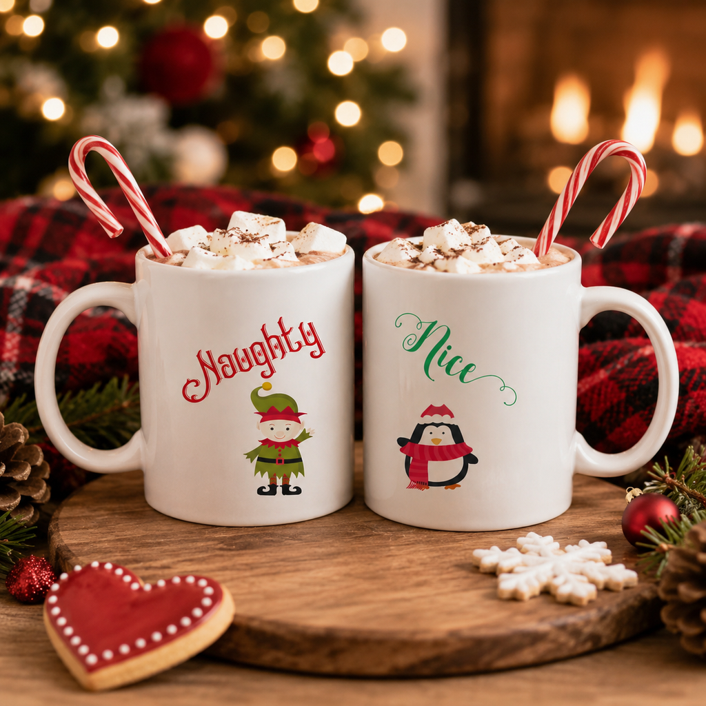 Naughty and Nice Christmas mug set, two white mugs with elf and penguin designs and candy canes
