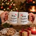 Couples mug set with 'Merry Christmas Handsome' and 'Merry Christmas Gorgeous' and santa hats
