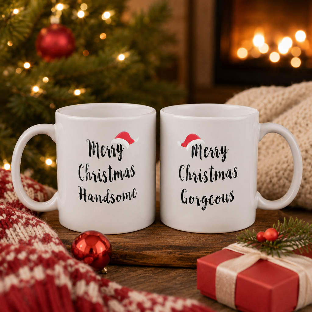 Festive Handsome and Gorgeous couples mug set with santa hat detail