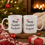Festive Handsome and Gorgeous couples mug set with santa hat detail