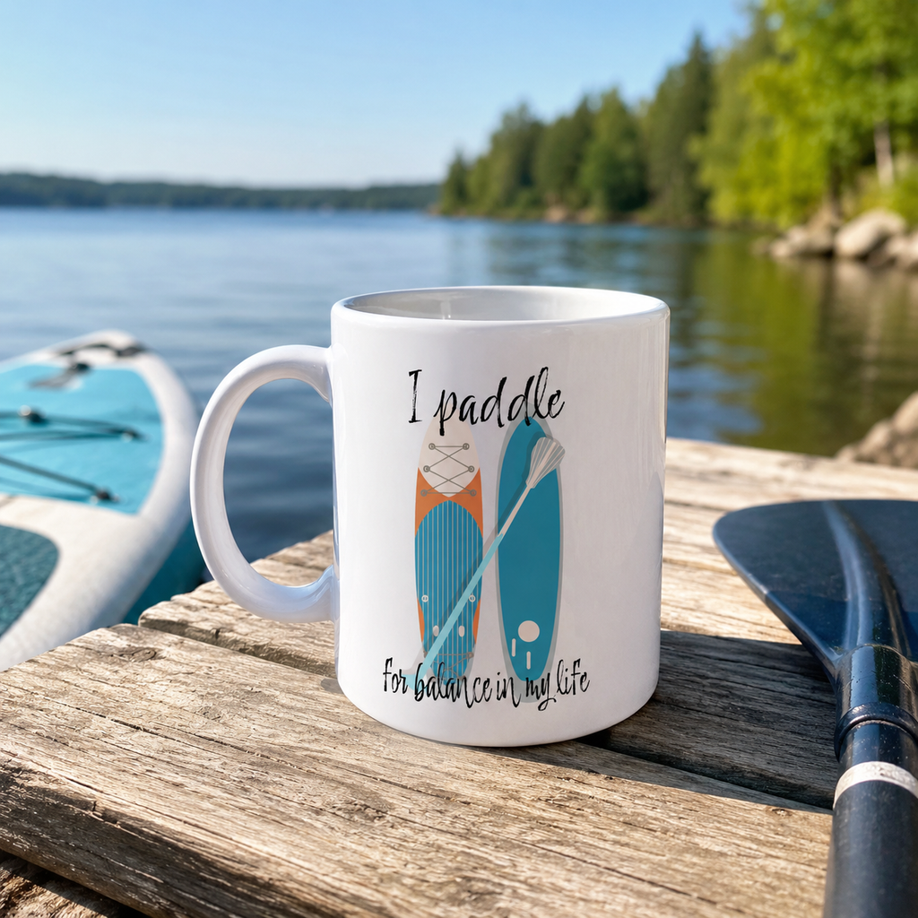 'I paddle for balance in my life' paddleboard mug, a gift for paddlers