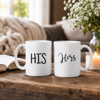 His and Hers couples mug set with 'His' and 'Hers' in black on white mugs