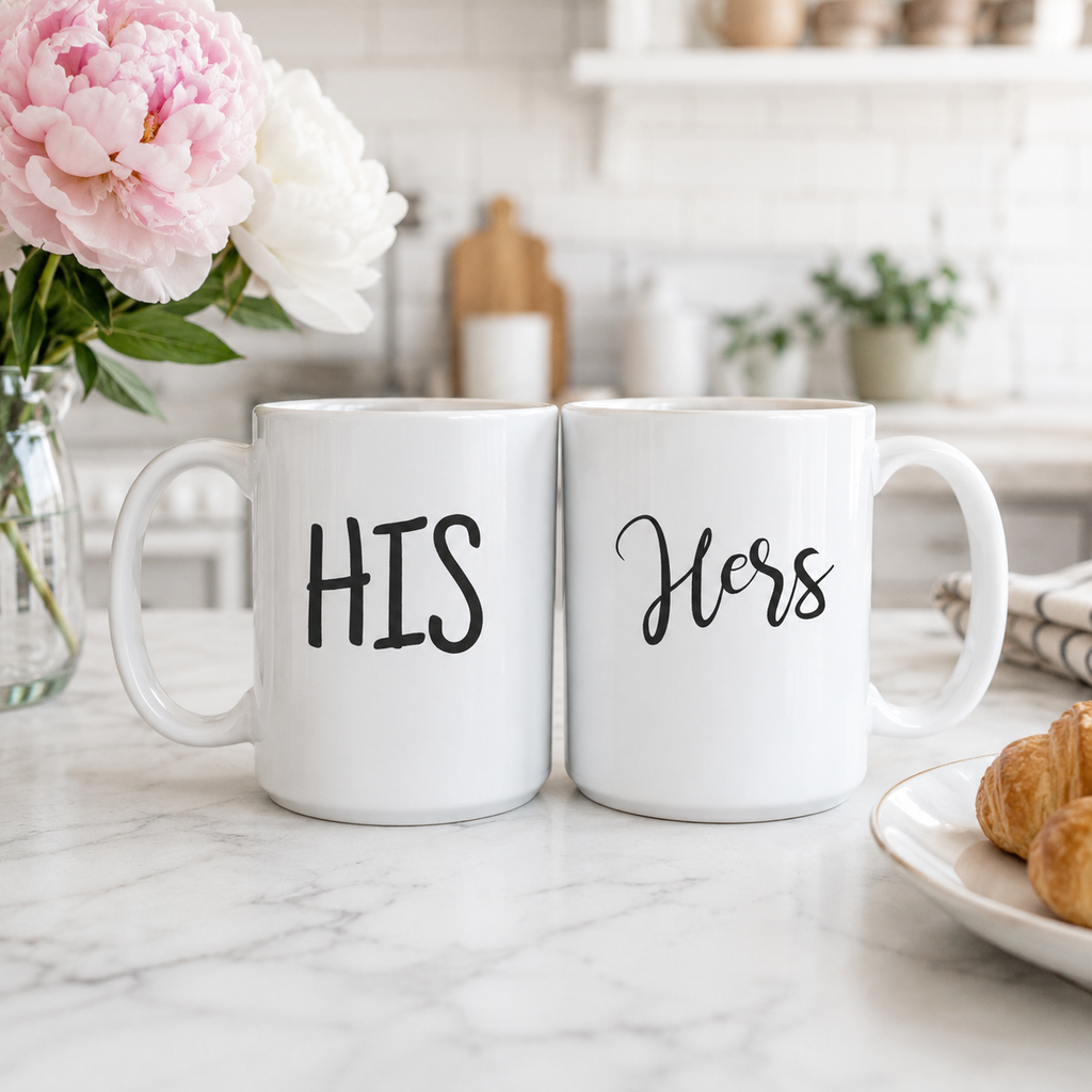 Two white couples mugs lettered 'His' and 'Hers' on a wooden table