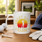 White golf mug with retro 'Best Dad By Par' sunset and golfer design