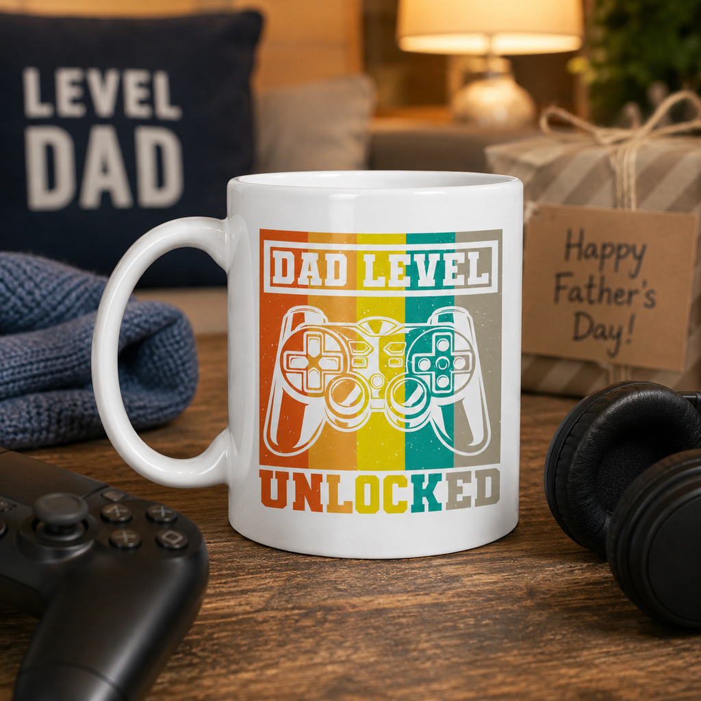 Gamer dad 'Dad level unlocked' mug, a fun Father's Day gift