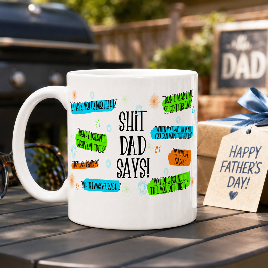 Funny dad sayings mug with colourful speech-bubble quotes for Father's Day