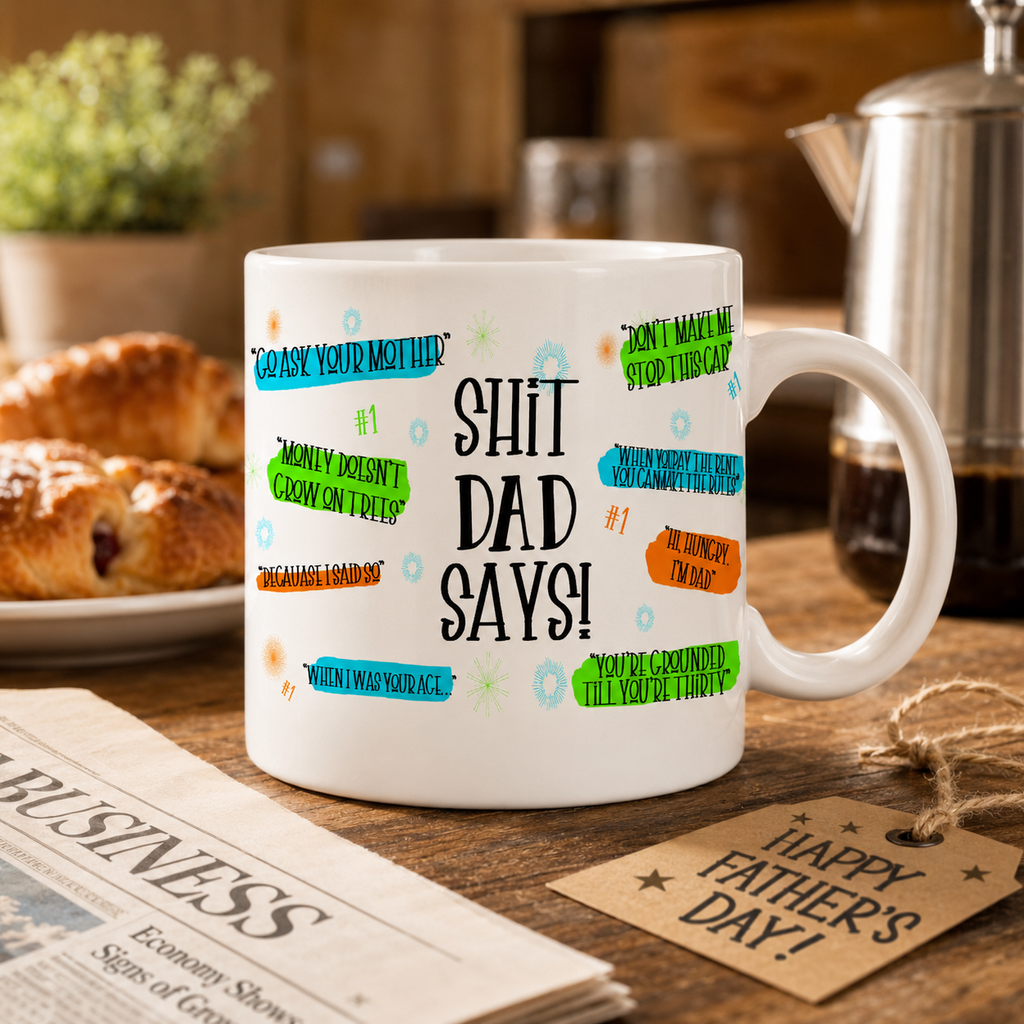 Father's Day mug printed with cheeky dad sayings in bright speech bubbles