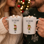 Festive couples mug set with 'First Christmas as a Mr' and 'Mrs' elf designs