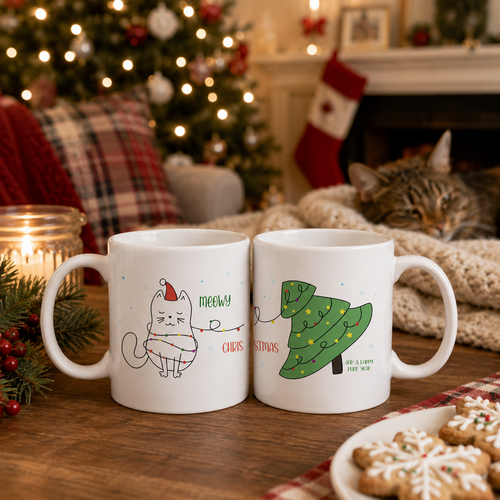 White Christmas mug with a cat tangled in fairy lights reading 'Meowy Christmas', in a cosy setting