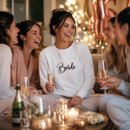 White bride sweatshirt with elegant black 'Bride' lettering