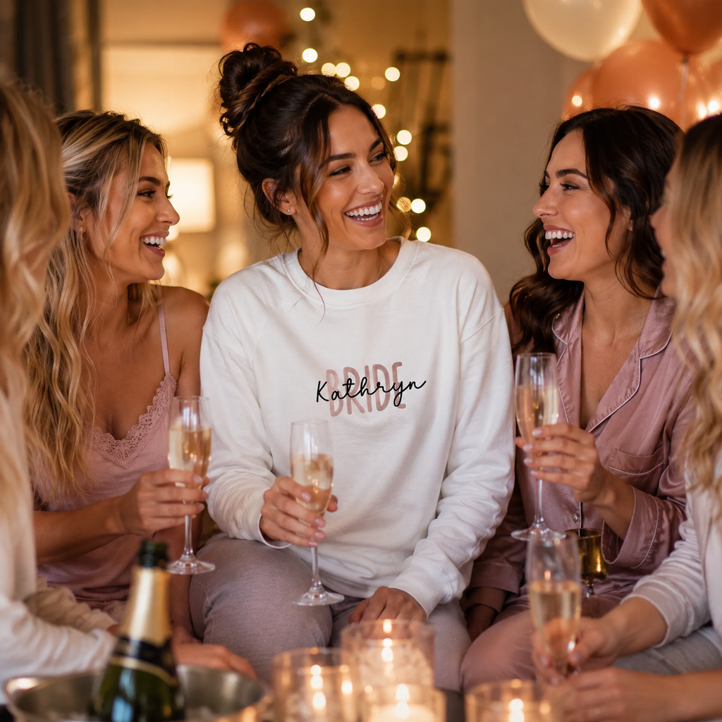 White and rose gold personalised bride sweatshirt, folded with wedding rings