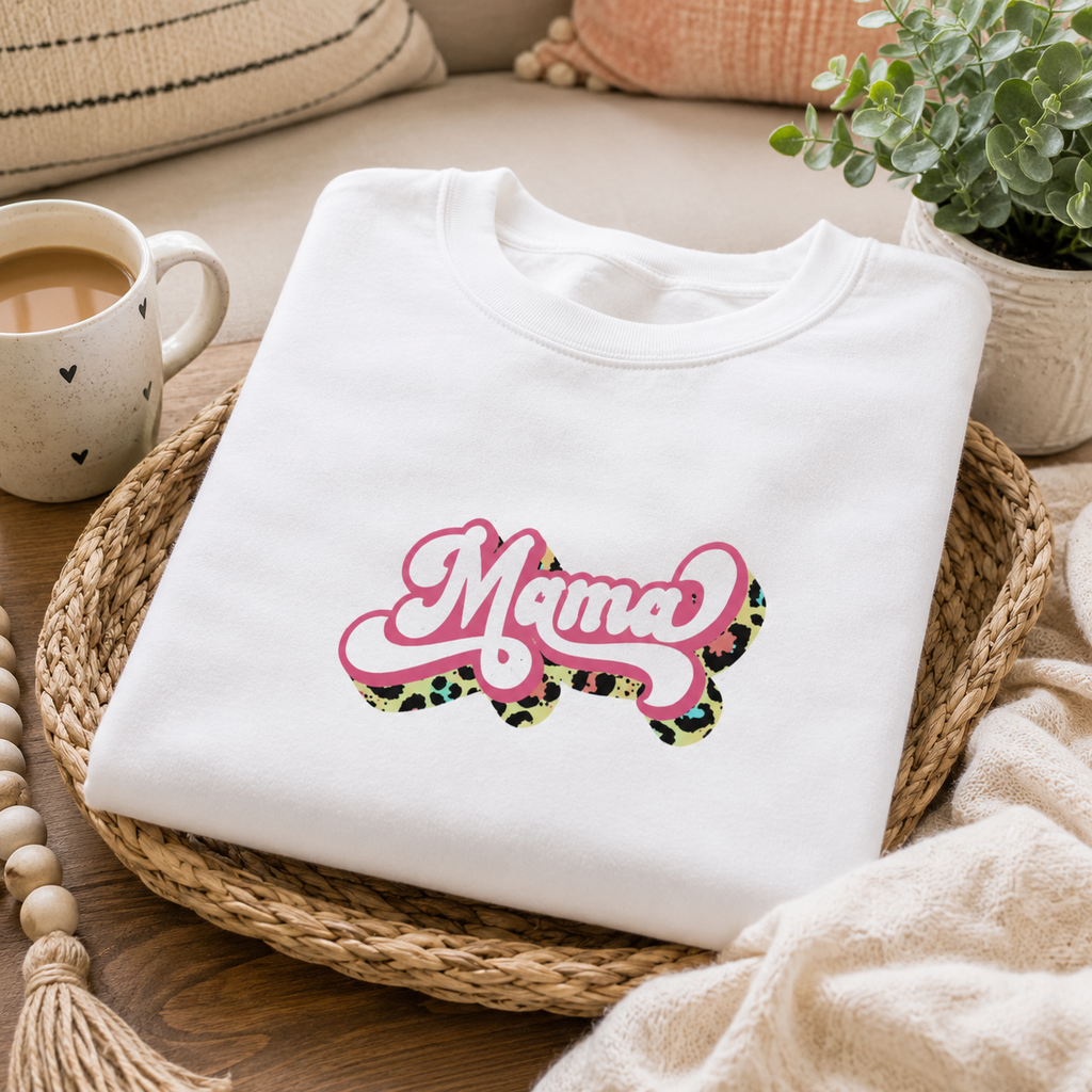 White sweatshirt with retro 'Mama' script and leopard print swirl