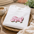White sweatshirt with retro 'Mama' script and leopard print swirl