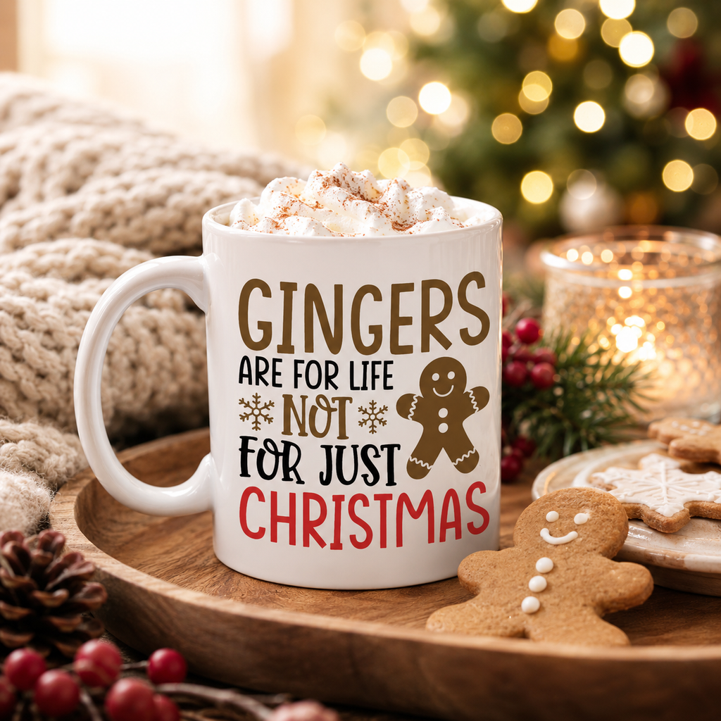 'Gingers Are For Life Not Just For Christmas' mug with cheerful gingerbread artwork
