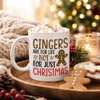 'Gingers Are For Life Not Just For Christmas' mug with cheerful gingerbread artwork