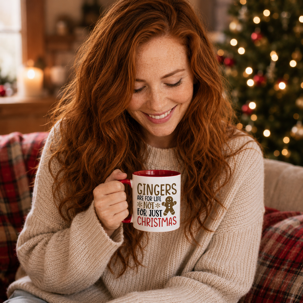 Festive 'Gingers Are For Life' mug with a gingerbread man print